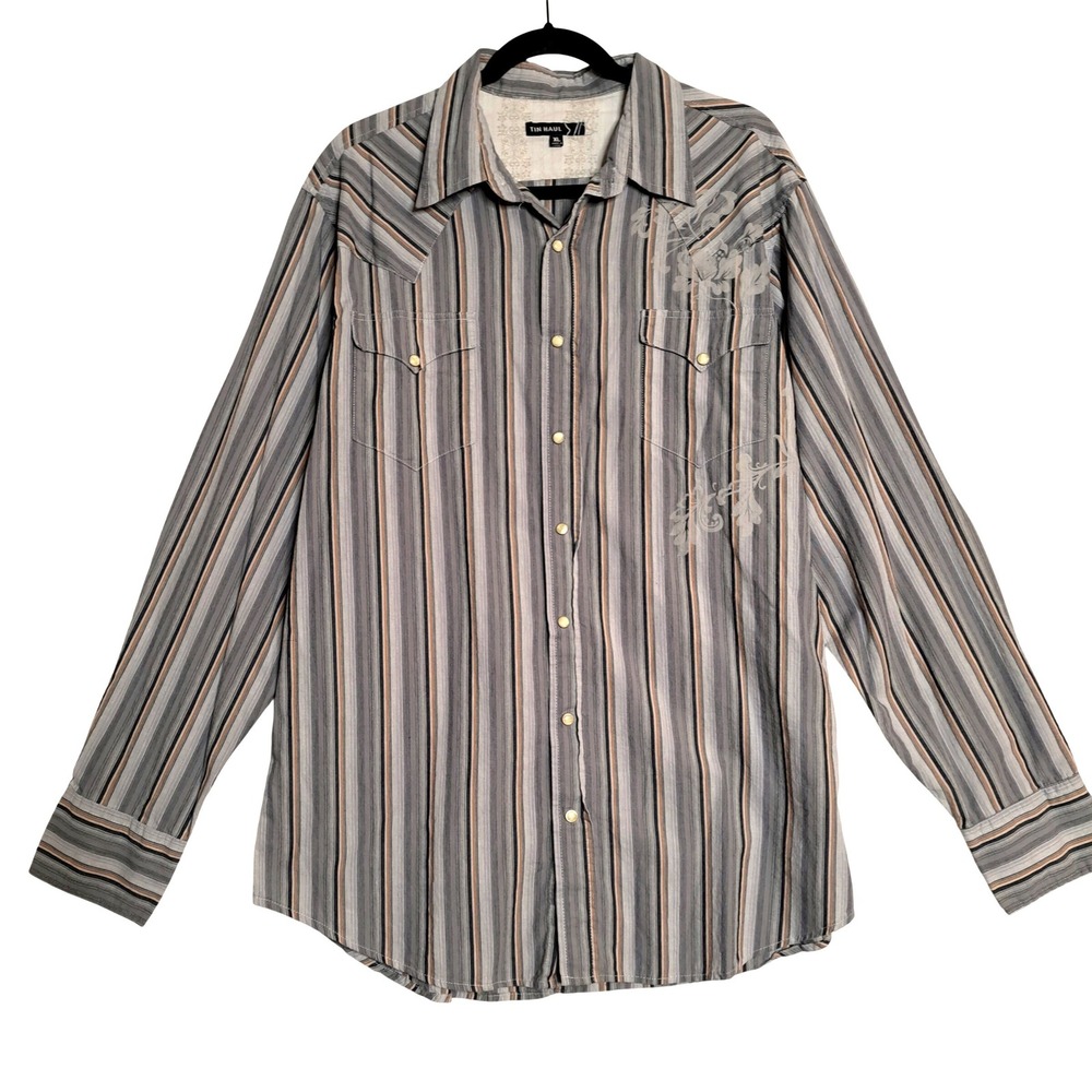 Tin Haul Pearl Snap Shirt Mens XL Western‎ Striped Long Sleeve Button Casual Fit